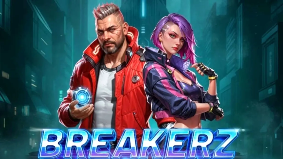 Tampilan layar mesin slot Breakerz dengan tema cyberpunk