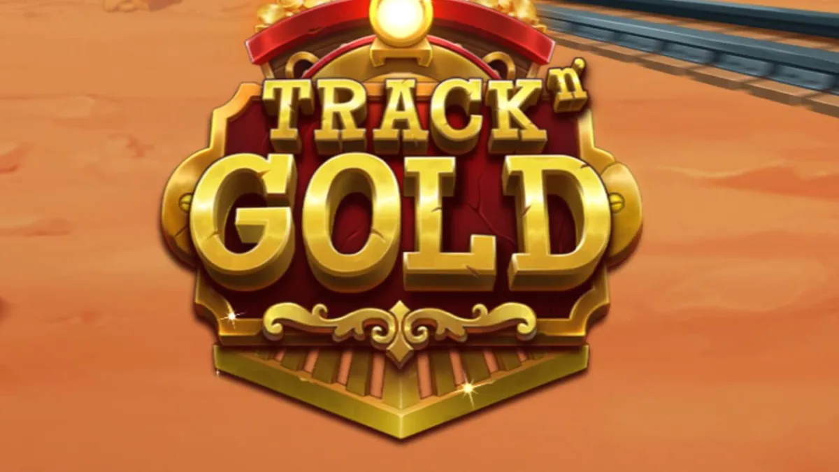 Tampilan visual mesin slot Track’n Gold dengan tema kereta api dan latar belakang gurun.